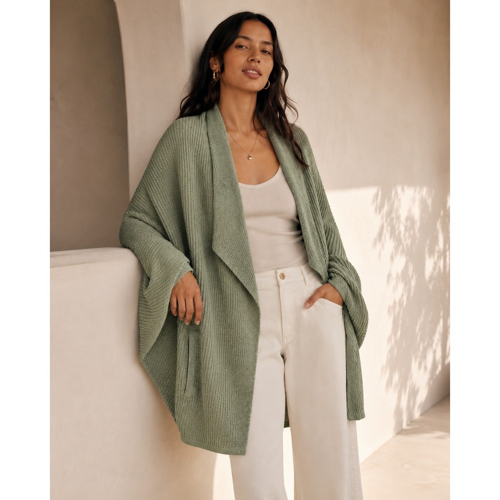 Soft‎ Surroundings Open Knit Cardigan Sweater Sz L/XL Sage Green Cashmere Blend